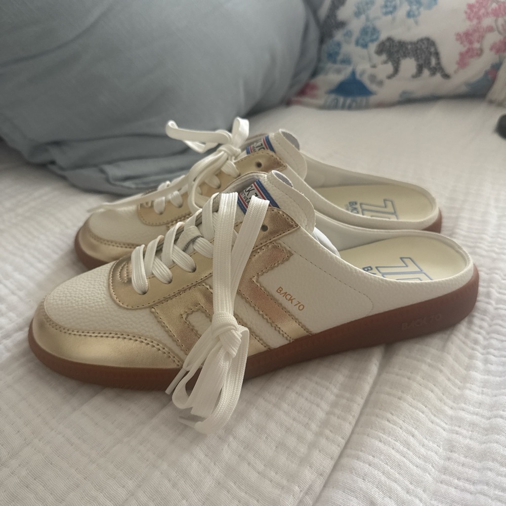 Women's White and Gold Lace-Up Sneakers